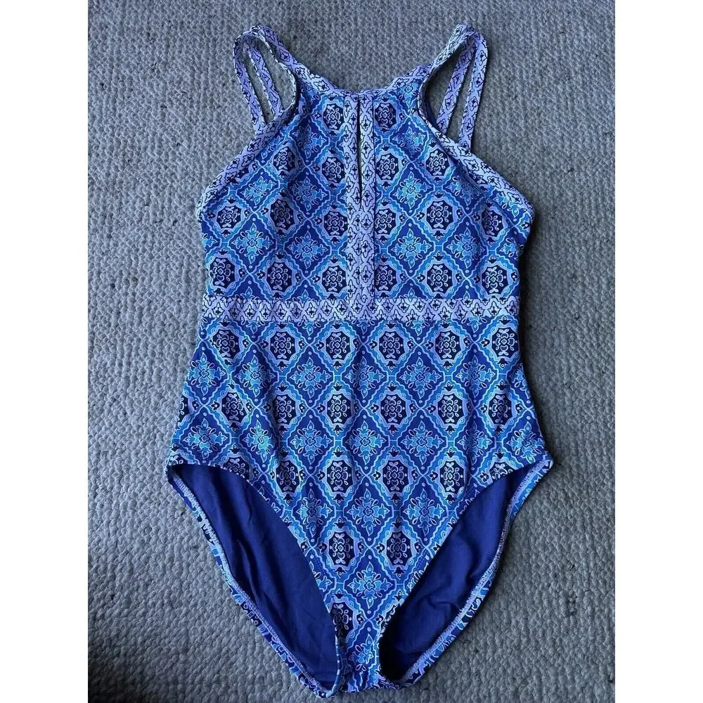 Tommy Bahama Womens Blue Tika Tiles Cutout Halter One-Piece Swimsuit Size 8